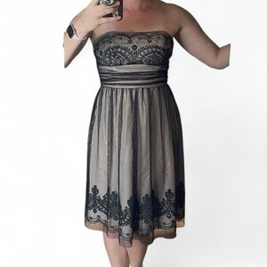 David’s Bridal Black & Champagne Strapless Tulle & Lace Dress